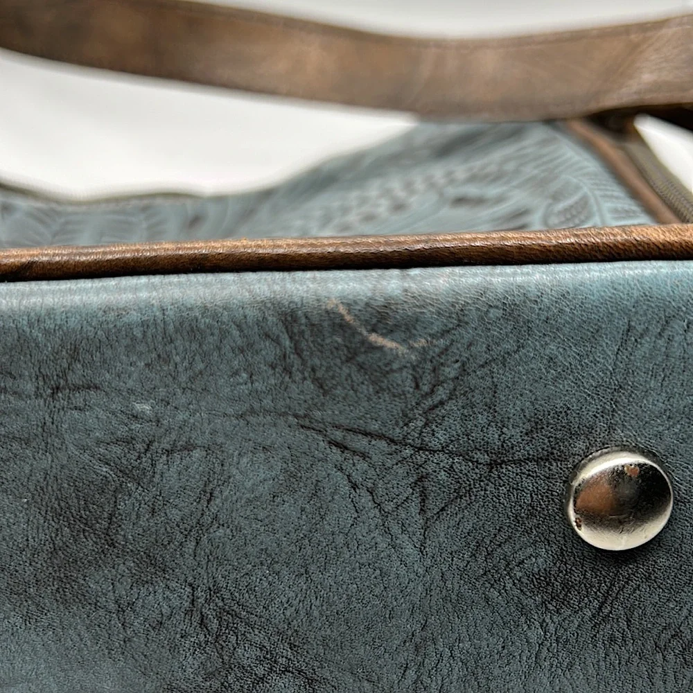 American West Gorgeous Light Blue/Brown Floral Leather Shoulder Bag Purse 🌸🌸 - Picture 11 of 14